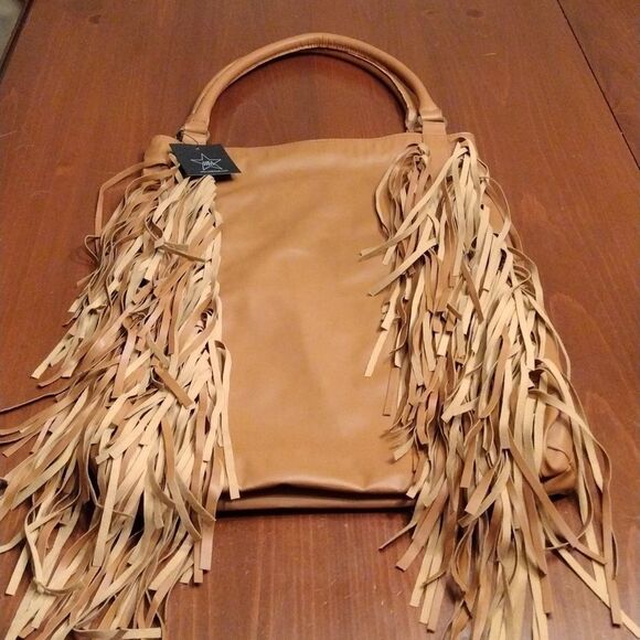 NWT AREA Stars Fringe Faux Leather HOBO Bag, 17"x12.5"X4", Light Brown C… - Picture 6 of 9